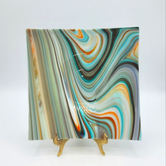 Other - Swirled Fused Glass Plate 7” Square Modernist Art Deco Inspired Blue Brown